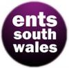 Round logo with "ents south wales" written in white text on a purple-ish background